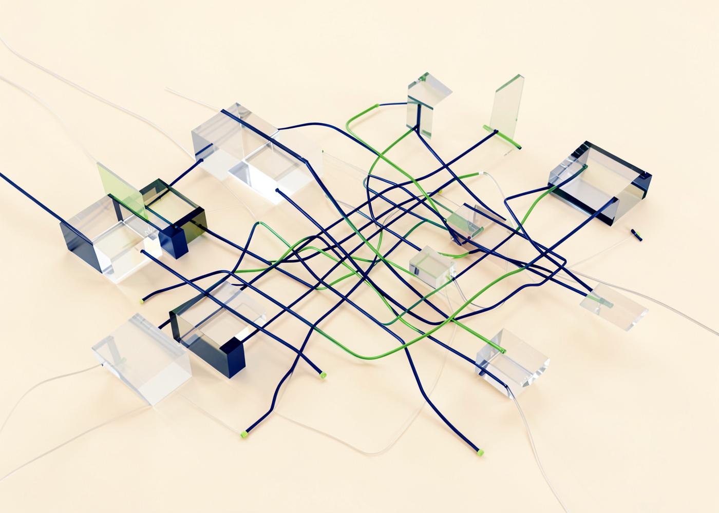 Abstract render of translucent blocks connected by blue and green lines, illustrating connected systems